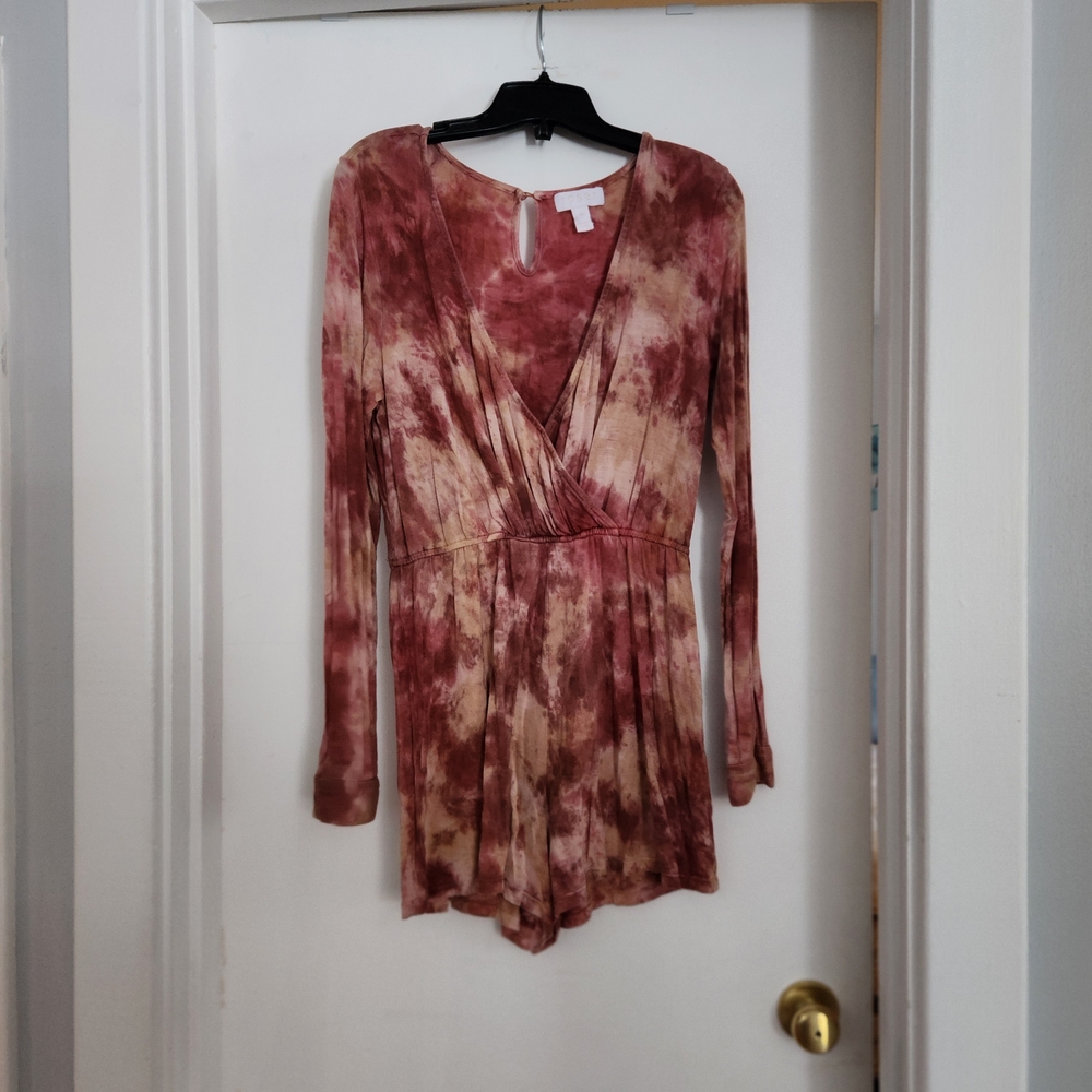 Tie-Dye Long Sleeve Romper in Dusty Rose and Beige